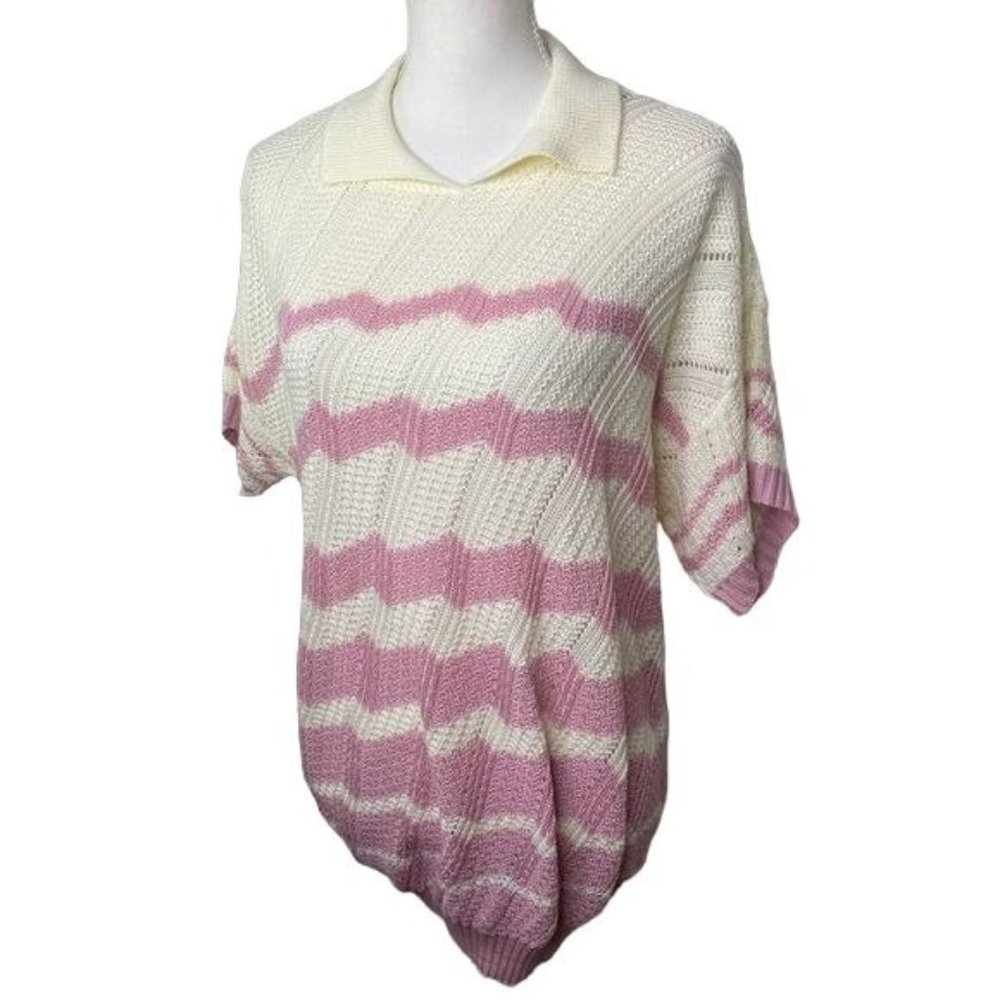 Vintage 80s made USA Womens Kenneth Too! Sweater pink and cream knit size Large